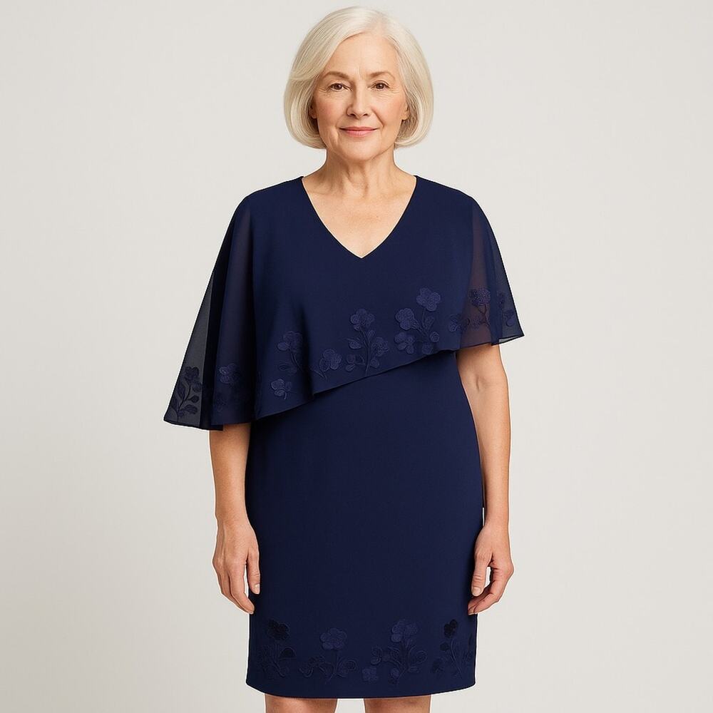 SLNY elegant navy blue dress with sheer capelet top embroidered floral 8 mature